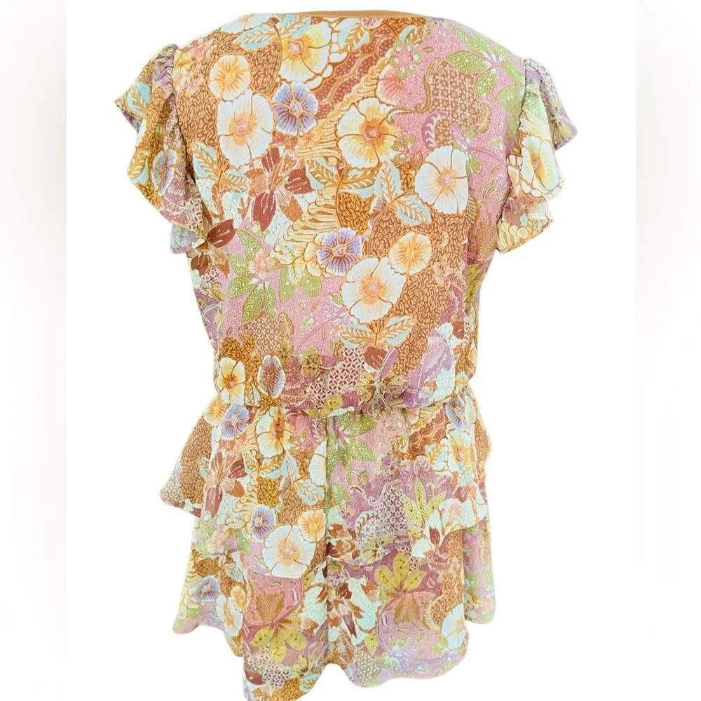 Olivaceous orange floral v neck blouson style  elastic waist ruffled dress , M.